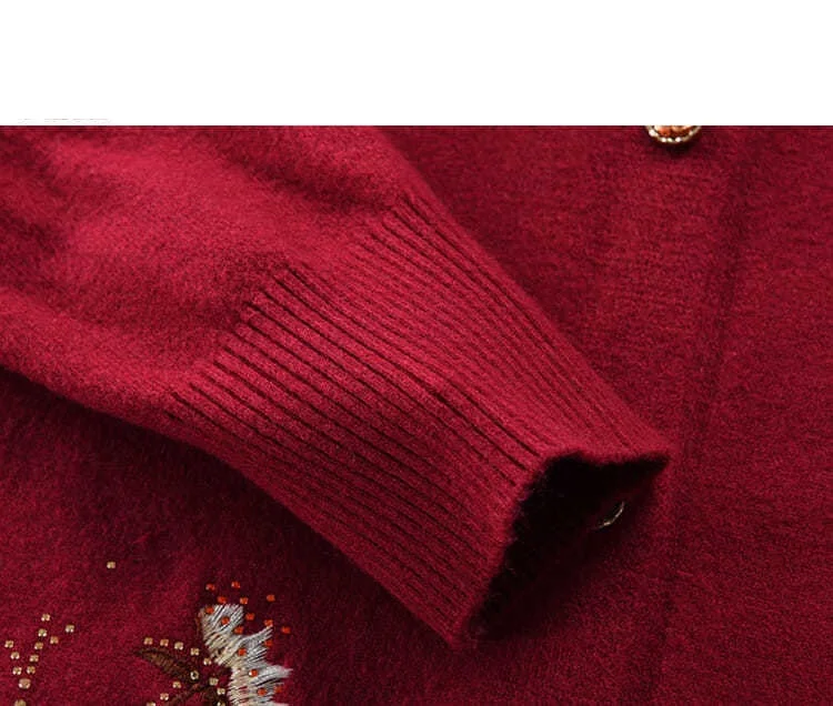 Spring Autumn Thin Knit Cardigan Jackets Grandma Embroidered Long Sleeve Sweater Outerwear Plus Size Short All-match Women's Top