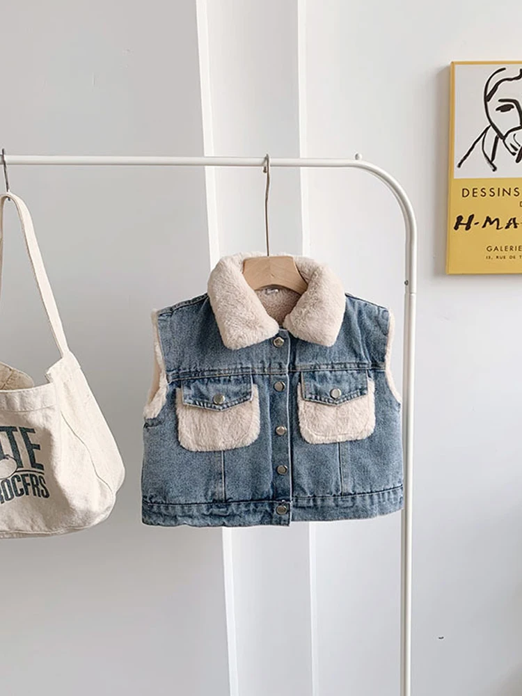 Джинсовый жилет Babyinstar Boutique одежда для маленьких девочек зимний меховой теплый