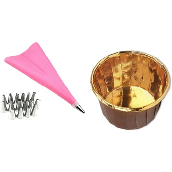 

1 Set Silicone Pastry Bag Nozzles Tips Cake Decorating Tools & 50Pcs Aluminum Foil Cupcake Cups Disposable -Gold + Brown