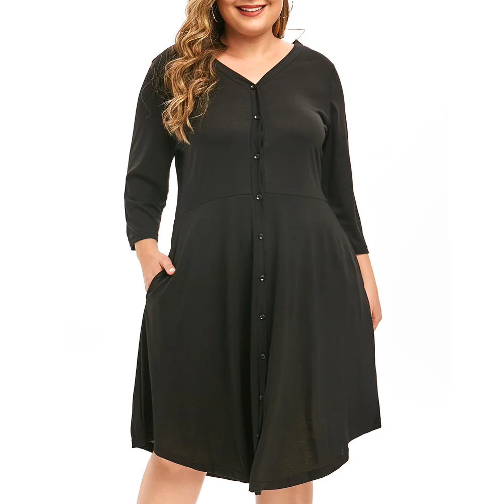 Women Dress Laides Chiffon Solid Button Up Knee Length Dress 3/4 Length Sleeve With Pocket A-Line Dress Plus Size 4X