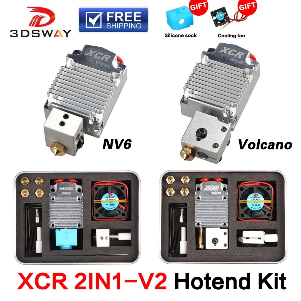 Meia e Ventilador Cor de Comutação Dsway Impressora Peça Xcr 2in1-v2 Hotend Duas Cores Nv6 Aquecido 0.4 – 1.75 Vulcão Bico 0.8 Silicone 3 3d