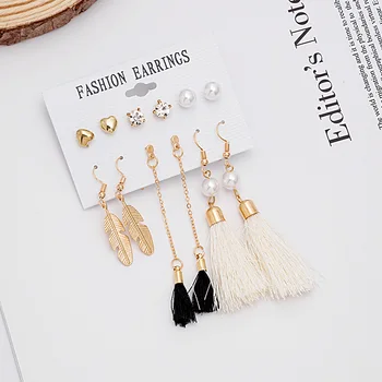 

New Style Cool Pearl Diamond Set Leaf Feather Tassel Earring Ethnic-Style Six Pieces Set Decorations