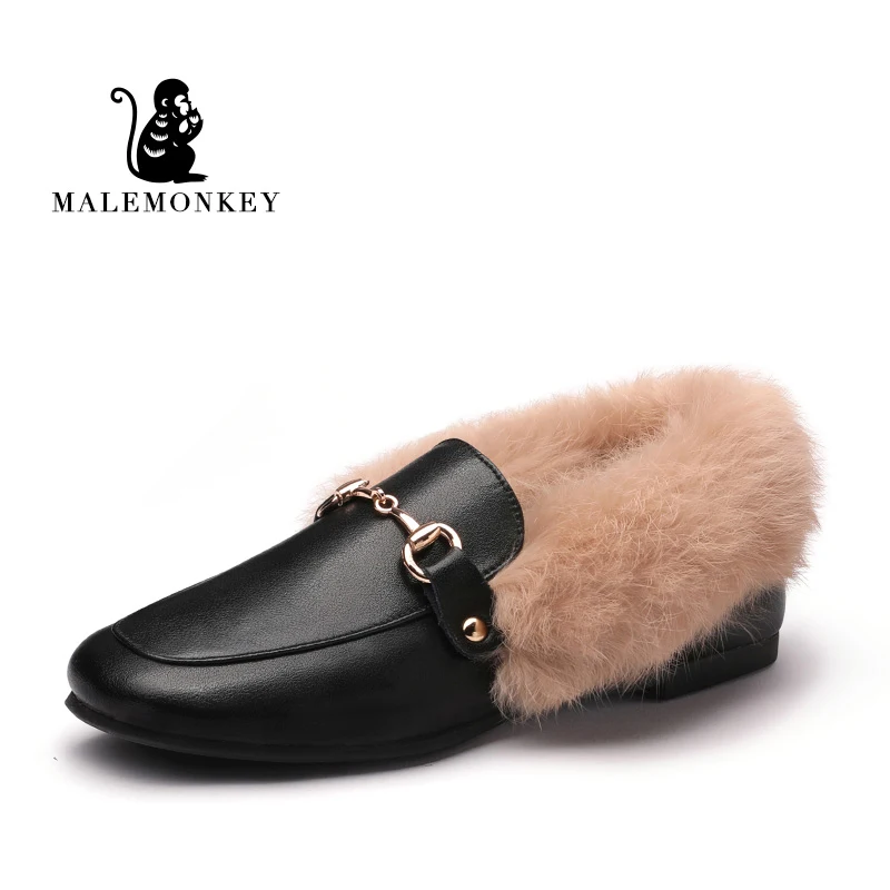 

2019 Winter Woman Shoes Black Genuine Leather Fur Fluffy Warm Slip-On Solid Square Toe Loafers Women Soft Ballet Flats Shoes