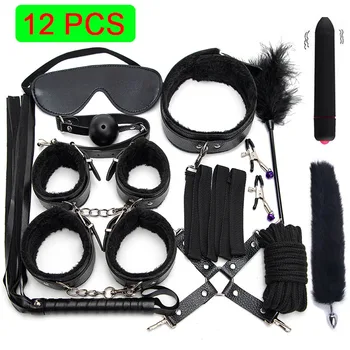 Bondage SM BDSM Set Adults Sex Toys For Women Men Handcuffs Nipple Clamps Whip Spanking Sex Metal Anal Plug Vibrator Butt Bdsm 2