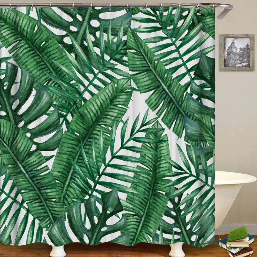 Зеленые тропические растения, водостойкая занавеска для душа из полиэфирного волокна, занавеска для душа с принтом листьев, занавески для ванной, занавески для душа