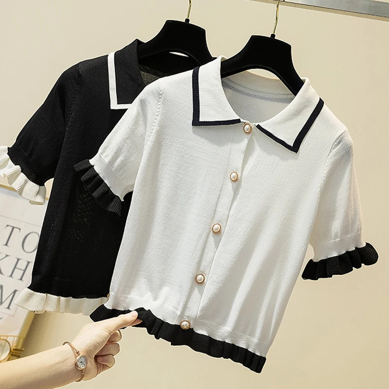 

2020 New Female Cardigan Ruffles Short Sleeve Sweaters Woman Wide Korean Casual Elasticity Black White Women Sweater Knitwear