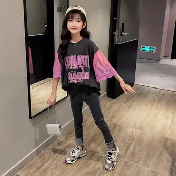 

2020 Summer Kids Girls Korean Letter Printed T-shirt Teen Girls Lace Patchwork T-shirt Fashion Children Casual T-shirt, #8761