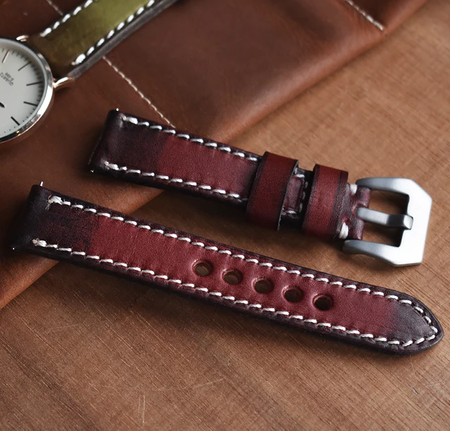 High Quality Genuine Leather Watch Band 18mm 20mm 22mm 24mm Handmade Wristband Stainless Steel Buckle Watch Strap for Panerai red