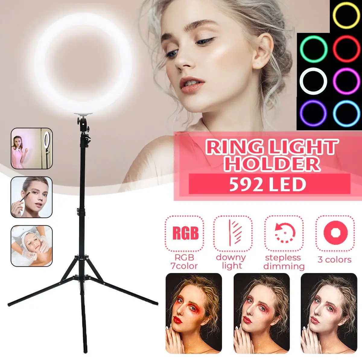 

7Color Camera Photo Video Fill Light 19" 48W 592PCS LED 3200K~6500K Dimmable Photography Ring Video Light for Camera Fill Light