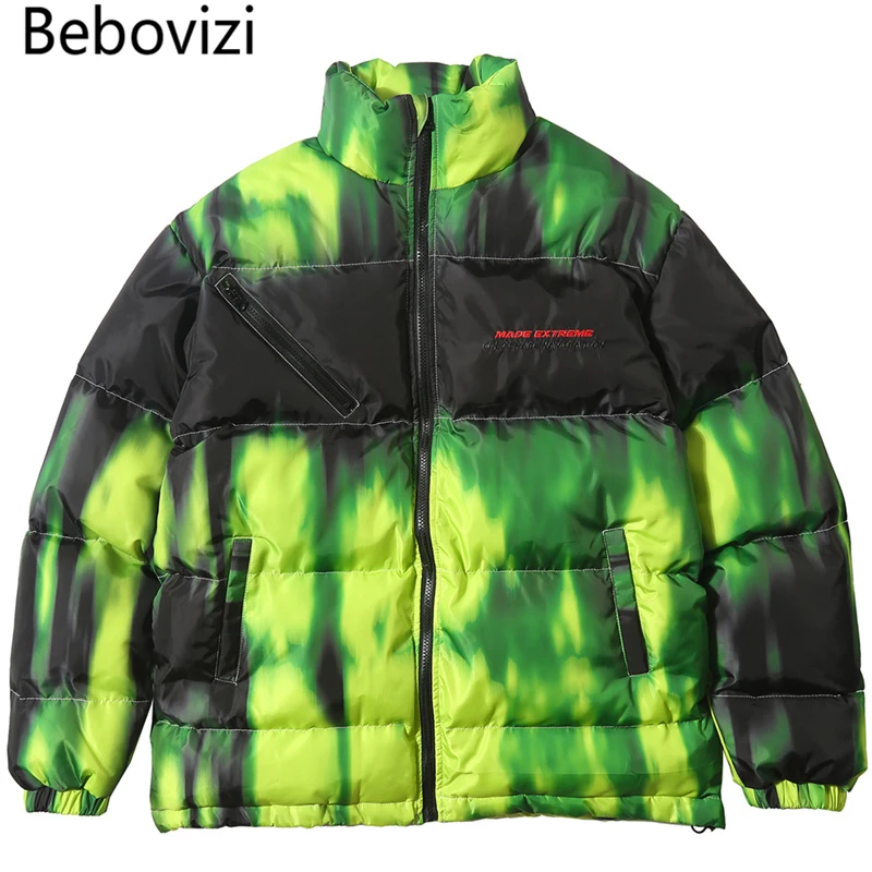 Bebovisi, Зеленые Плотные парки, куртки, на молнии, с карманами, с принтом Tie Dye, зимняя уличная одежда, в стиле хип-хоп, Повседневная Теплая стеганая парка, куртка, пальто