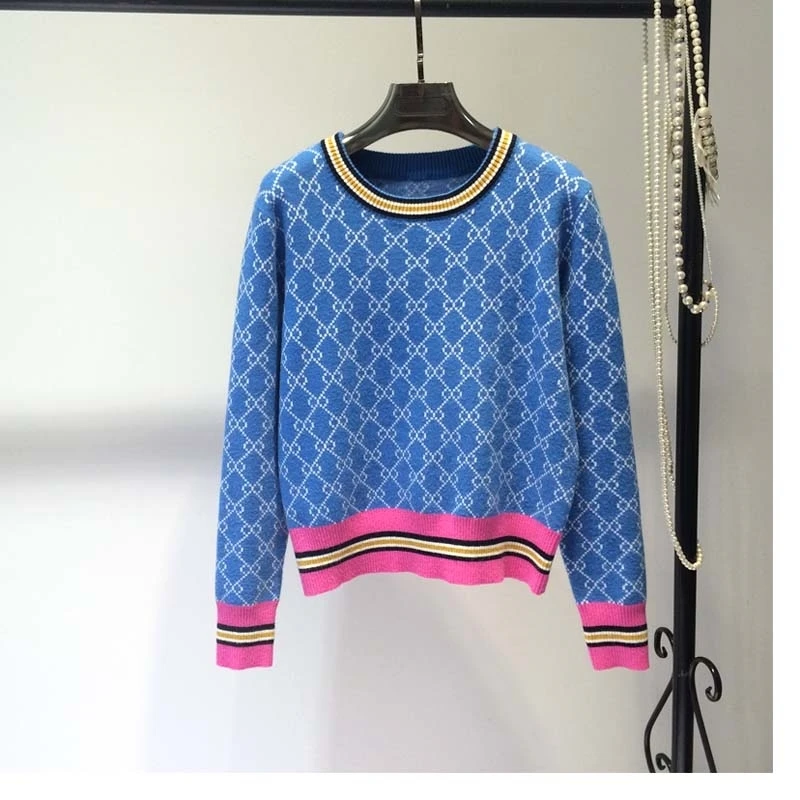 

Autumn and winter New loose Korean pullover sweater round neck geometric contrast jacquard short knitted sweater coat for women