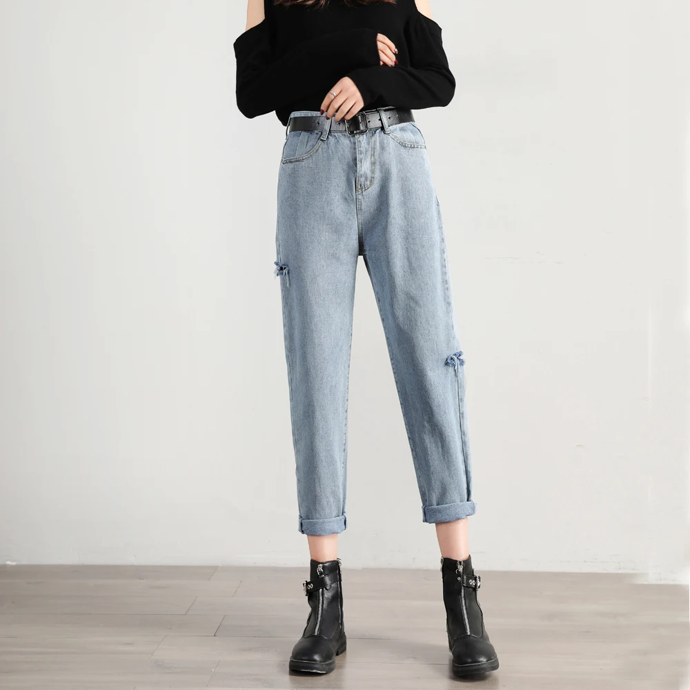 

ZOSOL Side Hole Jeans Female Dad Radish Pants Harlan Loose Straight Large Size High Waist Slimming Fat mm