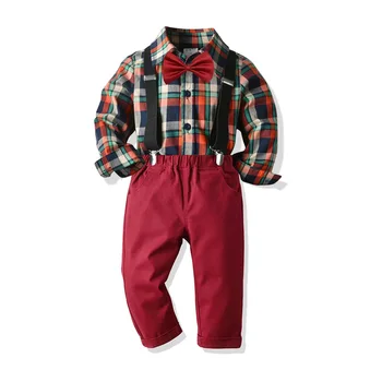 

4 Pcs Kids Boys Plaid Outfits Long Sleeve Lapel Shirt Solid Color Pocket Trousers with Bow Tie Suspender Christmas Boys Suit