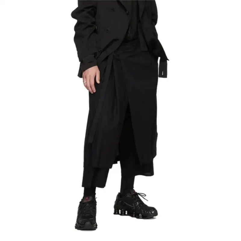 Men's Pant Skirt Wide Leg Spring And Autumn New Black Elastic-Waisted False Two Pieces Of Nine-Point Design Straight Pants