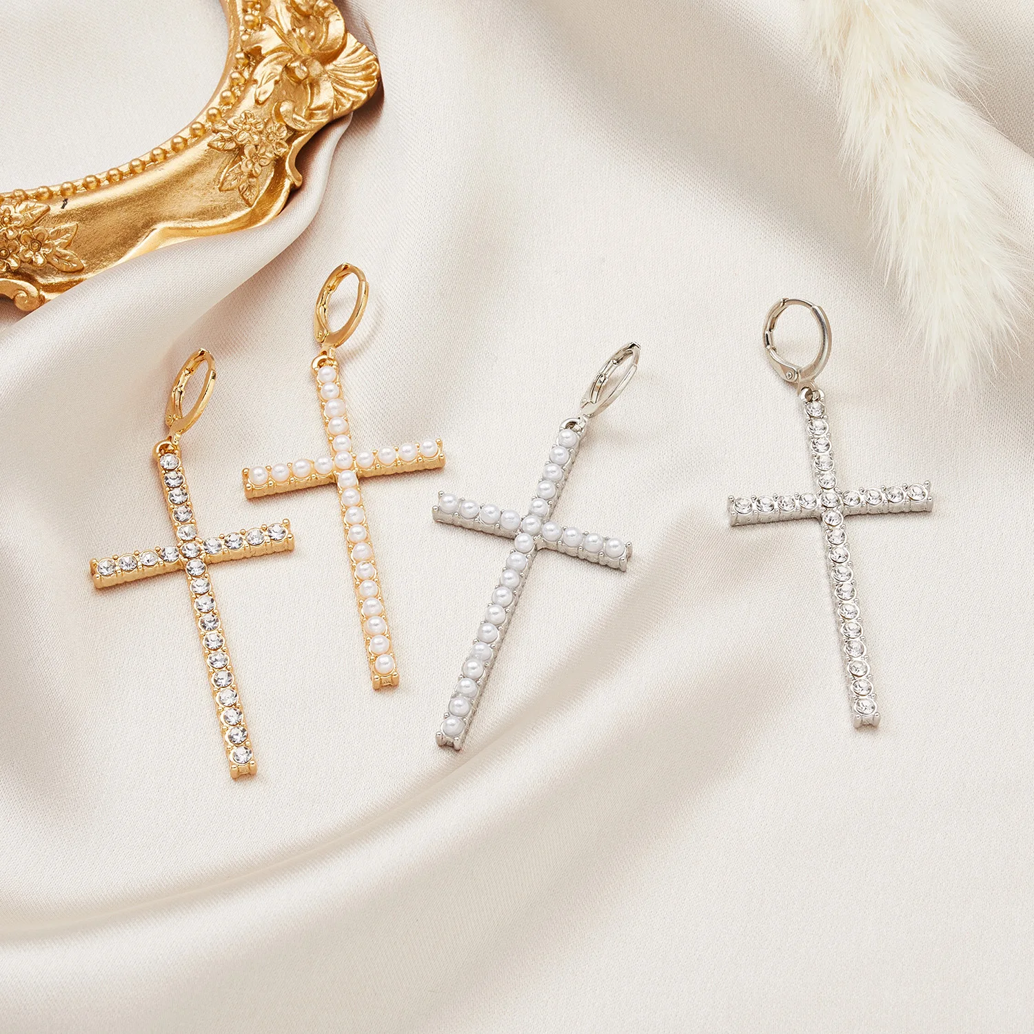 Korean Minimalist Zircon Pearl Drop Earrings for Women Simple Geometric Cross Earring Girls Rhinestone Pendant Mujer Jewelry dangle earrings,pearl earrings,drop earrings,pendant earrings,long earrings,cross earrings,geometric earrings