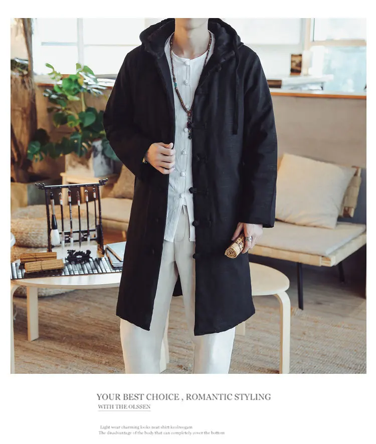 Winter New Style Cotton Linen Retro Frog Hooded Cotton-padded Clothes Men's Middle Long Coat