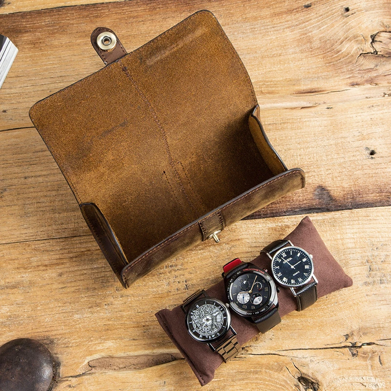 Watch Box Cow Leather 3 Slot Handmade Watch Roll Travel Case Wristwatch Pouch Exquisite Retro Slid in Out Organizer watch storage box,watch storage bag,watch storage pouch