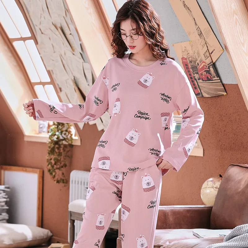 

2019 Pajamas Female Winter Pure Cotton Long Sleeve Trousers Students Korean-style Home Wear Students Large Size Outer Wear Two-P