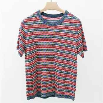 

100% Wool Brand fashion women's high-end luxury summer contrast color O neck knitted wool short-sleeved T-shirt Top women