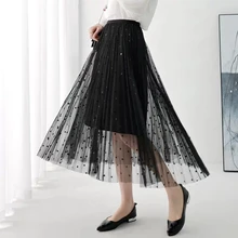 Лето Весна Готический Черный Принт горошек длинная сетчатая юбка Винтаж Англия консервативный стиль офис леди эластичный пояс плиссированные юбки