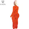 VAZN 2021 Spring High-end Sexy Night Club Solid Hollow Out Open Deep V-Neck Full Sleeve High Waist Women Pencil Maxi Dress 3