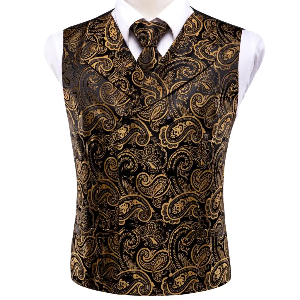 Hi-Tie 20 Color Silk Men's Vests and Tie Business Formal Dresses Slim Vest 4PC Hanky cufflinks for Suit Blue Paisley Waistcoat