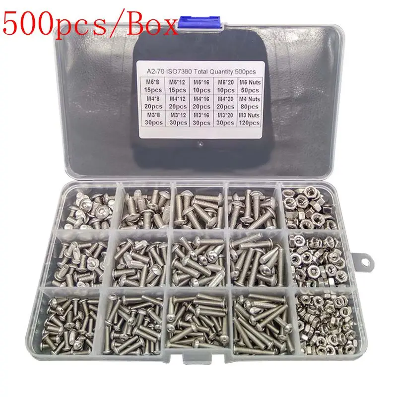 500Pcs Stainless Steel Screws Nuts Set M3 M4 M5 Flat Head / Button Head Hex Socket Head Cap Bolts Screws Nuts Assortment Kit