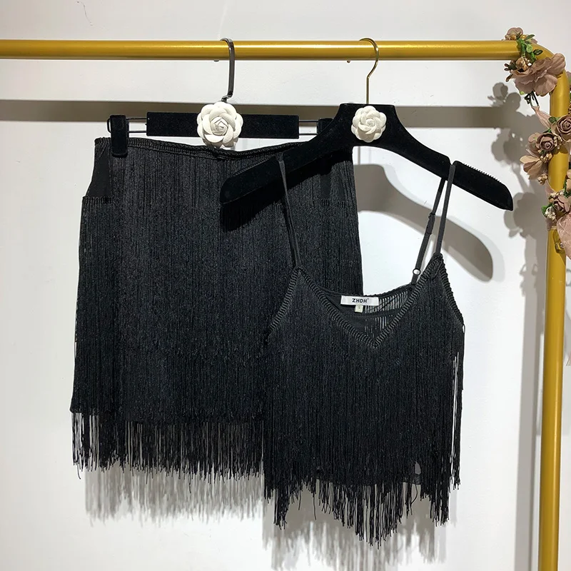 

Fashion Summer Sexy Fringed Sling Vest Top + High Waist Half-length Skirt Two-piece Suit for Women Sexy Party Nightclub Clothes