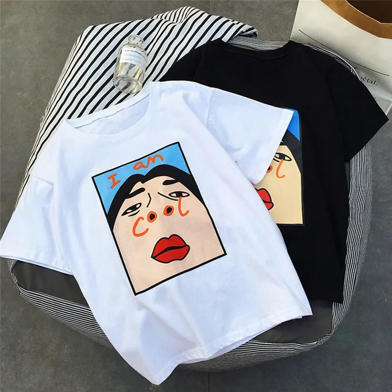 Новая Корейская креативная Harajuku I am Cool забавная Женская футболка белого цвета с надписью модная черная футболка