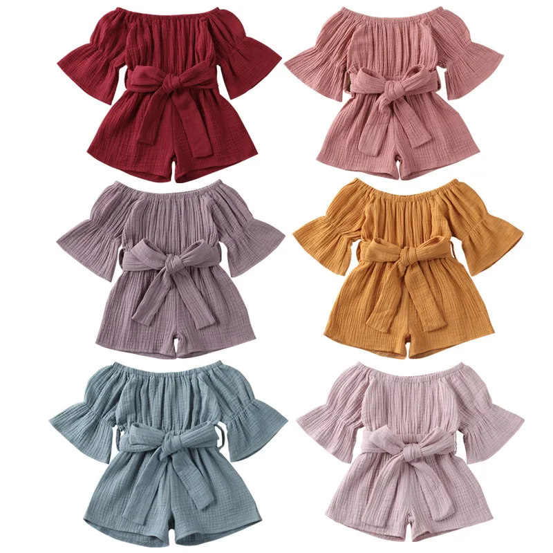 Kid Baby Girls Short Sleeve Off Shoulder Romper Jumpsuit Solid Bow Playsuit Clothing