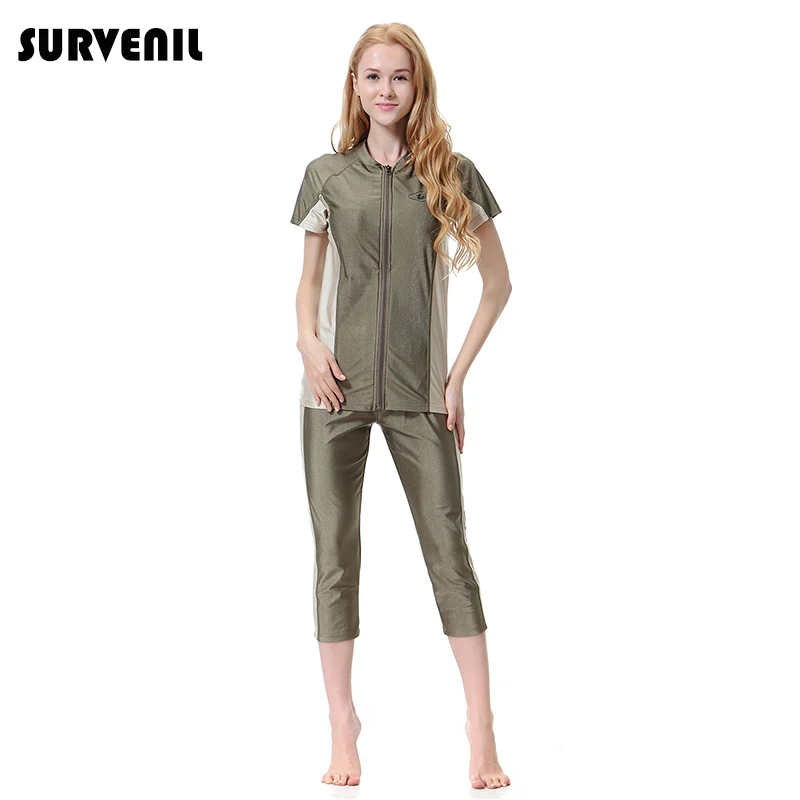 

Modest Burkinis Muslim Swimsuit Islamic Women' Swimming Suit Zipper Short Sleeve Modest Female Lady Swimwear 3XL Blue Army Green