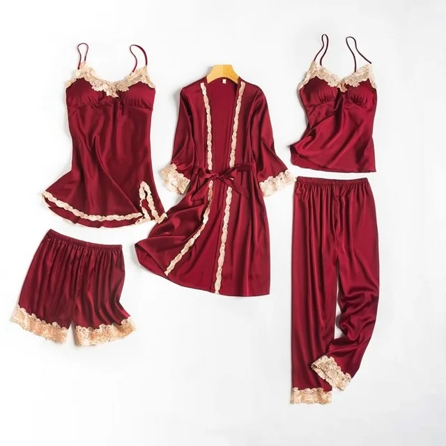 burgundy 5 шт. пижамный комплект, сексуальное кружевное атласное ночное белье, женская летняя Весенняя модная Пижама для женщин, халат для сна - Цвет: burgundy
