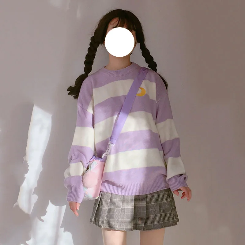 Японский милый вязаный свитер для девочек для женщин Kawaii Moon вышивка в полоску фиолетовый вязаный пуловер зимний консервативный стиль джемпер Топы