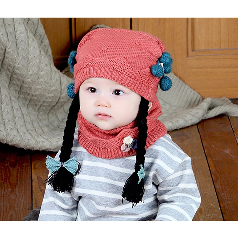 Cute Kids Girls Hat Kids Baby Boys Girls Caps Knit Earmuff Wig Caps Clothing Soft Autumn Spring Winter Warm Hat+ Neckerchiefs