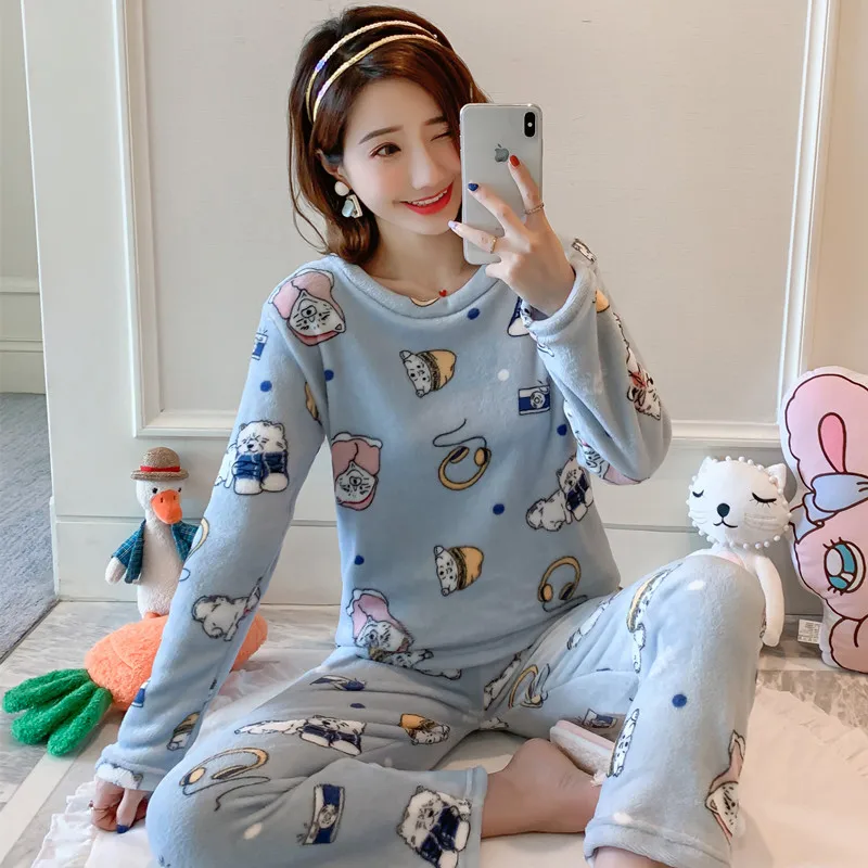 R B lan er ji xiong winter pyjamas Women Warm Flannel Pajama Set Thicken Girl Print pijama Long Sleeve Coral fleece Sleepwear Suit Women Nightshirt - Цвет: R B lan er ji xiong