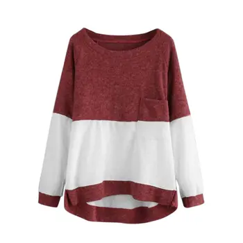 

Women Sweater Autumn Winter Contrast Color Casual Long Sleeve Pullovers Femme Patchwork O-Neck Knitted Pocket Tops