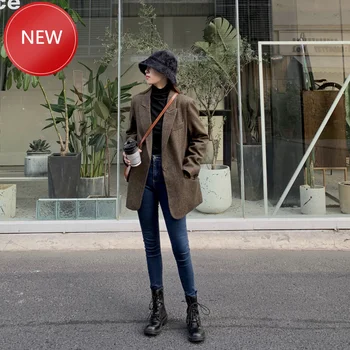 

Women Stripe Woolen Blazers and Jackets Work Office Lady Suit Slim Double Breasted Business Female Blazer Coat Fashion Autumn