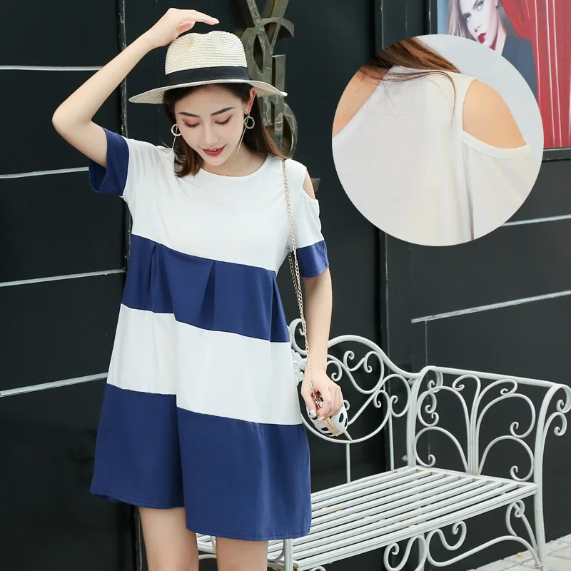 

Maternity Clothes 2019 Summer New Style Korean-style Fashion Stripes off-Shoulder Mid-length Loose-Fit Slimming Pregnant Women D