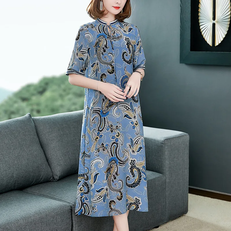 

2019 Spring And Summer New Style Printed Real Silk Crepe-de-chine Dress Women's Mulberry Silk Lace-up Crew Neck by Age Slimming