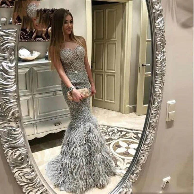 Same as image Роскошное Серое Перо Бисероплетение Кружева складка русалка вечерние платья Простой возлюбленной шеи без рукавов платье выпускного вечера вечернее платье - Цвет: Same as image