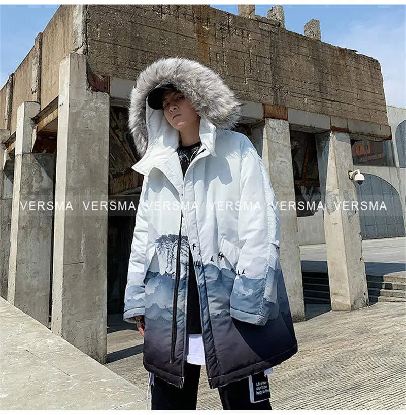 VERSMA, корейский стиль, одежда для мужчин, с рисунком, с капюшоном, длинная куртка, пальто для мужчин и женщин, зимняя, в стиле хип-хоп, винтажная, теплая, толстая, Мужская парка