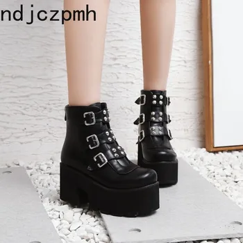 

Martin Boots The New Fashion Winter Round Head Zipper Belt Buckle Wedge High Heel Short Tube Women Shoes Plus Size 33-46 Black