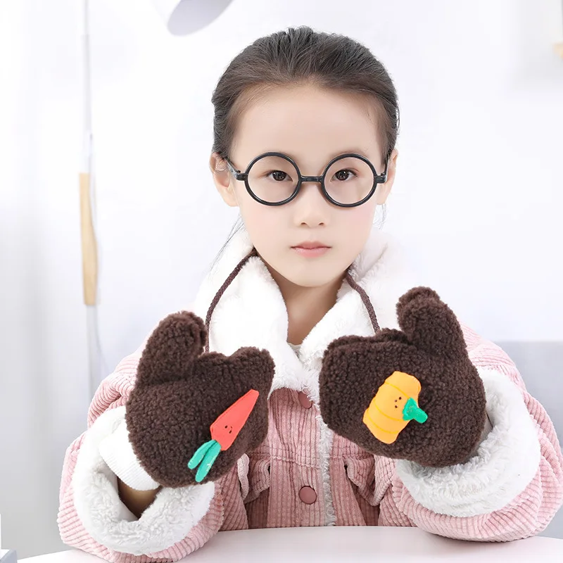 От 4 до 8 лет корейские детские перчатки для девочек и мальчиков; зимние мягкие бархатные перчатки с милым помпоном; розовые перчатки без пальцев с героями мультфильмов; детские теплые варежки