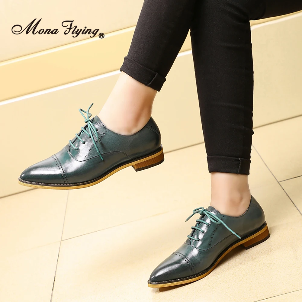 Mona Flying Women Genuine Leather Oxfords Brogue Pointed Toe Flats Comfort Hand-made Lace-up Shoes