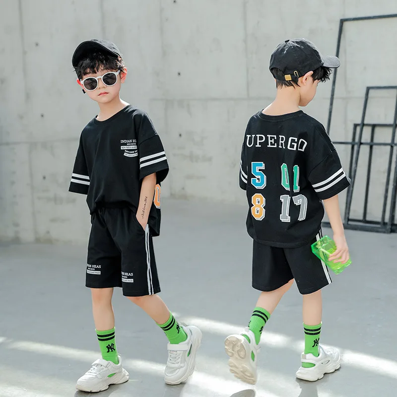 

BINIDUCKLING New Letter Printed Outfit Set For Kids Boys Cotton Loose Style 2020 Summer Short Sleeve Clothes Set Black