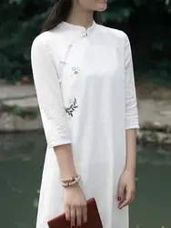 2019 китайский женский цветочный принт qipao винтажный воротник стойка хлопок cheongsam три четверти рукав Cheongsam