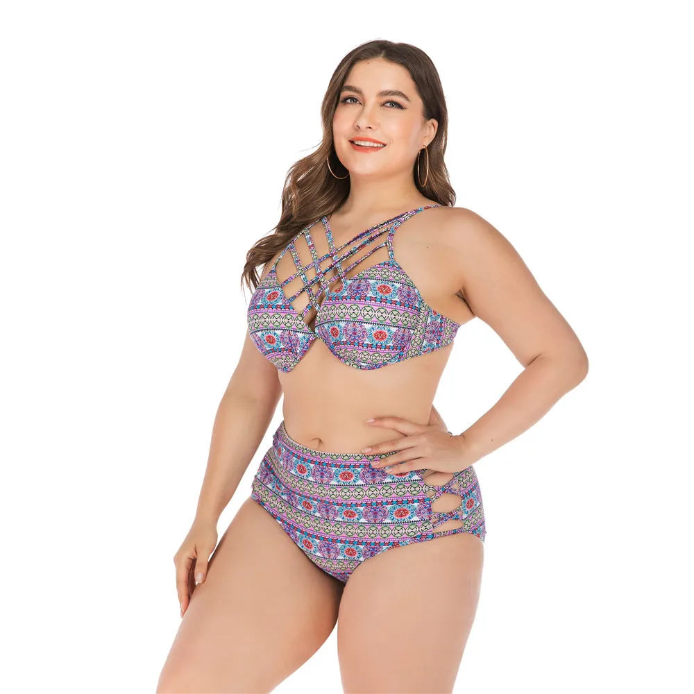 2020 Plus Size Swimsuit for Big Cup Women High Waist Bikini Push Up Swimming Costume Two-piece Swimwear Print Swim Bathing Suit