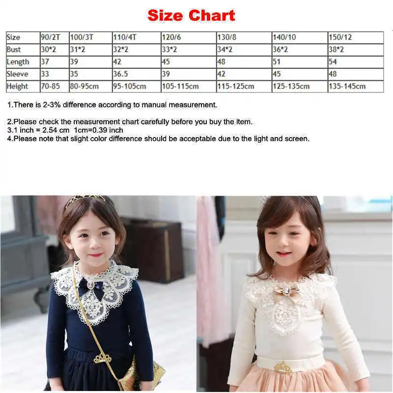 Baby Girls Blouses Children Cotton Lace Clothes Teenage School Girl Basic Tops Cute Bow Navy Blue Sweatshirts 2 4 6 8 11Yrs