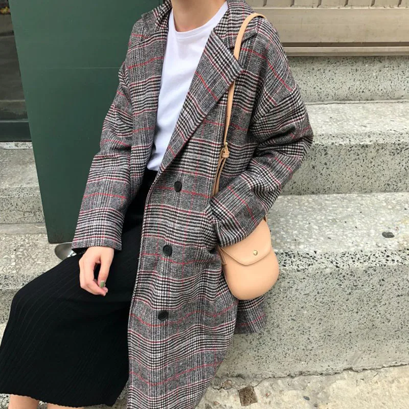 

LISM Cotton Blends Autumn Winter Long Plaid Women Blazer Coat 2019 Turn Down Collar Oversize Vintage Blazer And Jacket Mujer