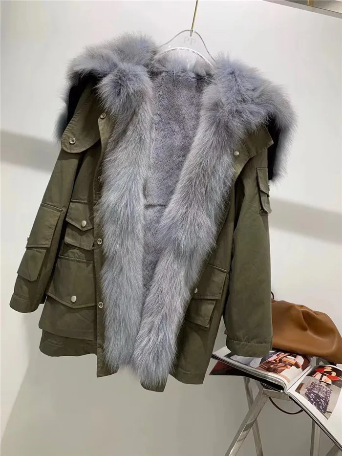 Khaki With Sky Blue Джинсовая парка, куртки, Толстая теплая натуральная подкладка из кроличьего меха Рекс, зимнее пальто, Женское пальто с воротником из натурального Лисьего меха - Цвет: Khaki With Sky Blue